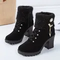 Elegant black ankle boots featuring fuzzy knit collar, rhinestone charms, and square heel - 35 / Black