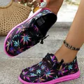 Women's colorful leaf print canvas flats with bright pink sole and black lace-up detail - 36 / Multicolor