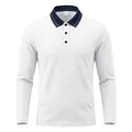 Detailansicht des weißen langärmeligen Piqué-Poloshirts für Herren mit dunkelblauem Kragen - S / Oberteile / Weiß