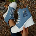 Side view detail of blue denim high-top wedge sneakers with decorative zipper ribbons - 35 / Light Blue