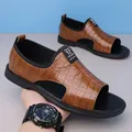 Stylish brown embossed men's Roman sandals with open-toe design for summer beach - 38 / Yellow Brown