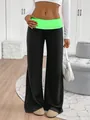 High-waist wide-leg yoga pants featuring a vibrant neon green fold-over waistband detail - XL / Bottoms / Black