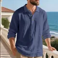 Men's casual navy blue linen long-sleeved polo shirt with stylish crinkled fabric - S / Tops / Navy Blue