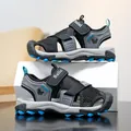 Grey and blue breathable boys' mesh sports sandals with closed-toe soft soles. - 28 / Dark Blue
