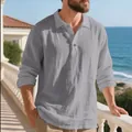 Casual loose fit light gray linen polo shirt for men with long sleeves and buttons - S / Tops / Gray