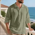 Loose fit men's linen long sleeve polo shirt in sage green for casual business wear - Army Green