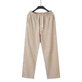 Men's beige cotton linen trousers with drawstring elastic waist and straight leg fit. - S / Bottoms / Khaki