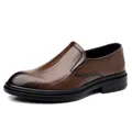 Premium brown textured leather men's business casual loafers with a thick black sole. - Brown