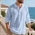 Breathable men's loose linen long-sleeved polo shirt in light blue for casual wear - Light Blue