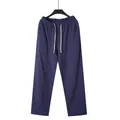 Navy blue men's breathable cotton linen straight leg trousers with drawstring waist - Navy Blue