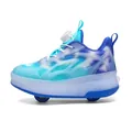 Chaussures à roulettes pour enfants dégradé bleu et cyan avec double roues et serrage rapide - Bleu Fluorescent