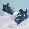 Fashionable blue denim high-top wedge canvas sneakers with white platform soles for women - 35 / Blue