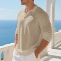 Lässiges Herren-Langarm-Poloshirt in Beige mit einer atmungsaktiven Leinenstruktur - S / Oberteile / Khaki