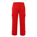 Detail view of vibrant red men's cargo sweatpants with multi-pockets and drawstring - S / Bottoms / Red