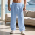 Light blue loose-fit men's linen casual pants, comfortable breathable design for home wear - Light Blue