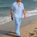 Conjunto playero informal de lino azul claro para hombre con camisa y pantalón largo - Azul claro