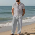 Conjunto de playa casual de lino gris para hombre con camisa de manga corta y pantalón - Gris