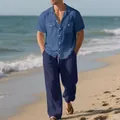 Conjunto de playa casual para hombre con camisa de lino azul y pantalones largos de verano - Azul marino