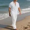 Conjunto casual de playa de lino blanco para hombre con camisa de manga corta y pantalón - Blanco