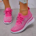 Close-up of pink breathable fly-knit sneakers with colorful rhinestone decorations - 36 / Rose Red