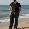 Conjunto de playa para hombre de lino negro con camisa de manga corta y pantalón largo - Negro