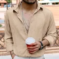 Detail view of men's casual long-sleeved shirt featuring premium crinkled fabric texture - M / Tops / Khaki