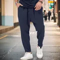 Stylish navy blue men's casual drop-crotch harem pants with a relaxed tapered fit - M / Bottoms / Navy Blue