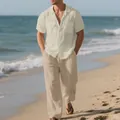 Conjunto de playa casual de lino para hombre con camisa de manga corta y pantalón beige - Albaricoque con Pantalones Caqui