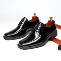 Classic black patent leather square toe men's Derby shoes for formal business wedding - 39 / Black