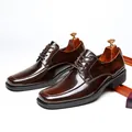Elegant dark brown patent leather square toe dress shoes for men business formal - 39 / Coffee