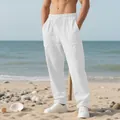 Men's loose white linen beach pants with drawstring and large pockets for casual summer wear. - S / Bottoms / White