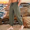 Men's casual olive green striped linen joggers for beach and outdoor leisure wear - S / Bottoms / Army Green