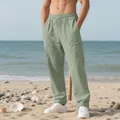 Men's loose linen beach trousers in sage green with elastic drawstring waist and pockets. - S / Bottoms / Army Green