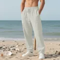 Comfortable men's loose linen beach trousers in light grey featuring a drawstring waist design - S / Bottoms / Apricot
