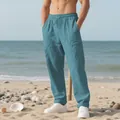 Comfortable men's loose linen casual beach pants in teal color with drawstring waist - S / Bottoms / Light Green