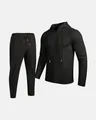 Detailed view of the premium men's black waffle-knit hoodie and matching joggers casual set - S / Top And Bottom / Black