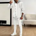 Detail view of men's white waffle knit hooded cardigan and matching trousers set - S / Top And Bottom / White