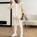 Full view of men's waffle knit hooded cardigan and pants leisure set in beige - S / Top And Bottom / Khaki