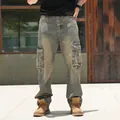Men's loose cargo denim pants with multi-pocket design and retro washed finish - 30 / Bottoms / Retro Yellow
