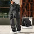 Men's wide-leg cargo denim jeans with raw edge hem and multi-pocket design - 38 / Bottoms / Black Grey (Raw Edge)