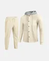 Casual cream waffle knit men's hoodie tracksuit set featuring grey contrast hood detail. - S / Top And Bottom / Khaki
