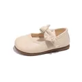 Elegant beige toddler girls Mary Jane shoes with bow and pearl detail for princess party - Size 21 Inner Length 13.5CM / Beige