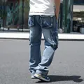 Men's loose wide-leg cargo jeans with multi-pocket design in light blue denim - Light Blue B