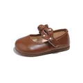 Brown leather Mary Jane shoes for toddler girls with pearl bow detail and soft sole - Size 21 Inner Length 13.5CM / Brown