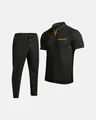 Detail showing the textured waffle knit fabric and color contrast on the black polo shirt. - S / Top And Bottom / Black