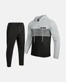 Detailed view of men's waffle knit color-block pullover hoodie and jogger pants set - Black