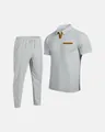 Detailed macro view of men's grey waffle knit polo shirt and matching joggers set - S / Top And Bottom / Gray
