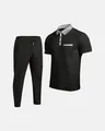 Detail view of men's waffle knit set featuring a black polo shirt and matching long pants. - S / Top And Bottom / Black