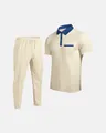 Detailed view of men's waffle knit beige polo shirt and pants set with blue accents - S / Top And Bottom / Khaki