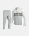 Detailed view of men's color block waffle knit hoodie and joggers set in grey and white - S / Top And Bottom / Dark Gray